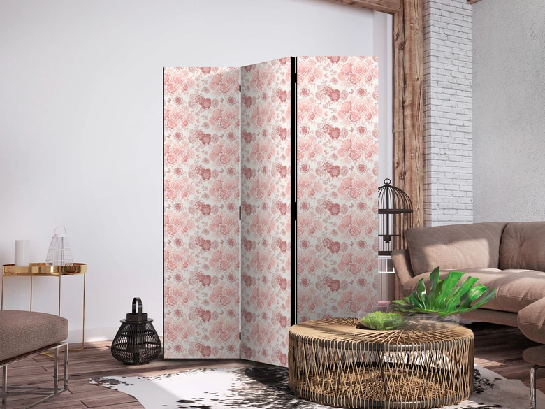 Paravent, Raumteiler freistehend, Trennwand - Pink Blossoming - Warm Floral White 