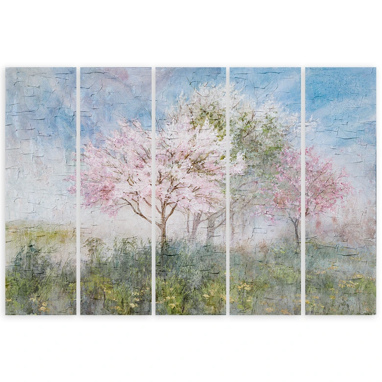 Leinwandbild 5 teilig, Ein blühender Baum in der alten Wiese 