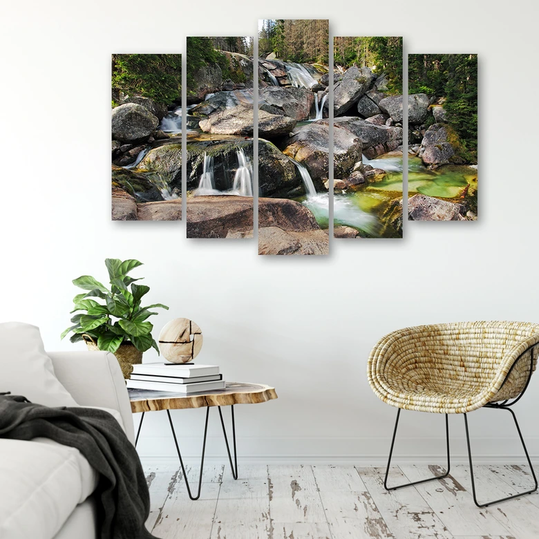 Leinwandbild 5 teilig, Wasserfall Wald Bach Felsen 