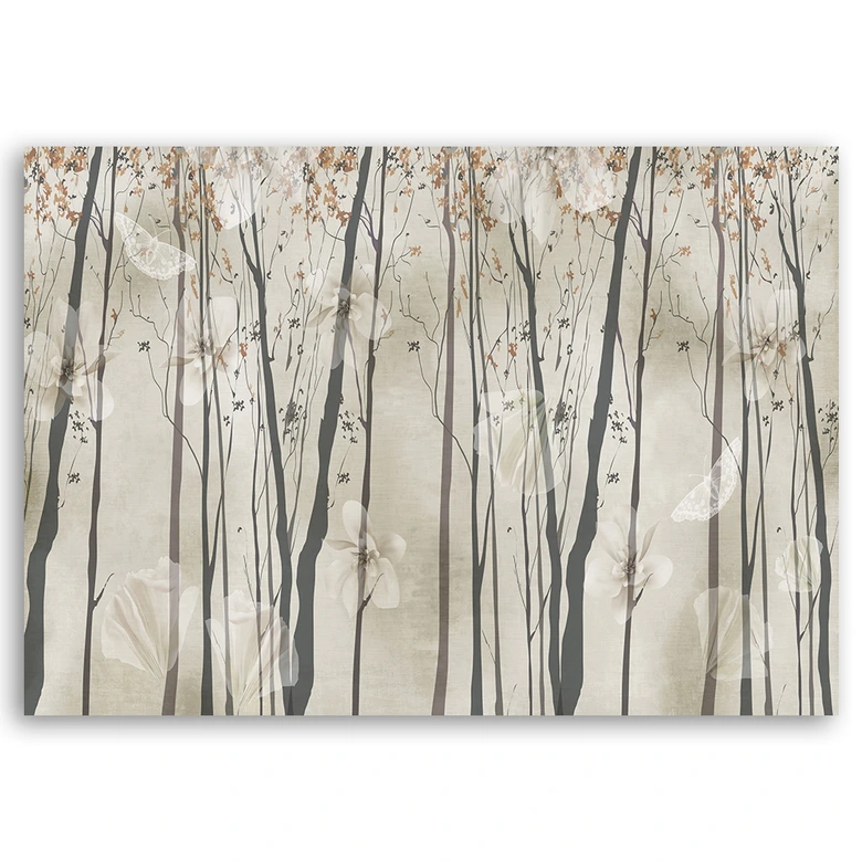 Leinwandbild, Bäume Blumen und Schmetterlinge 