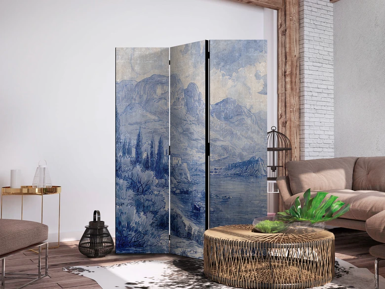 Paravent, Raumteiler freistehend, Trennwand - Italian Landscape - Lake Como Painted in Shades of Blue 