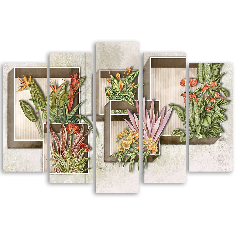 Leinwandbild 5 teilig, Quadratkisten Regale mit Blumen 