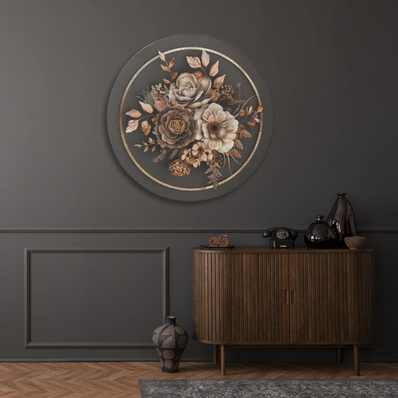 Rundes Leinwandbild Beige Blumen und Blätter 