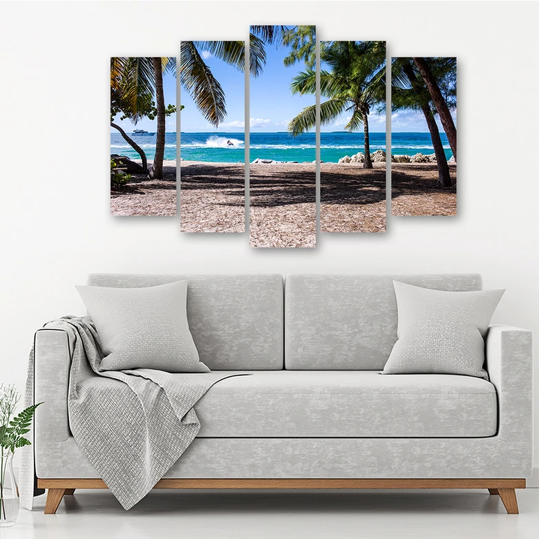 Leinwandbild 5 teilig, Tropischer Strand Palmen 