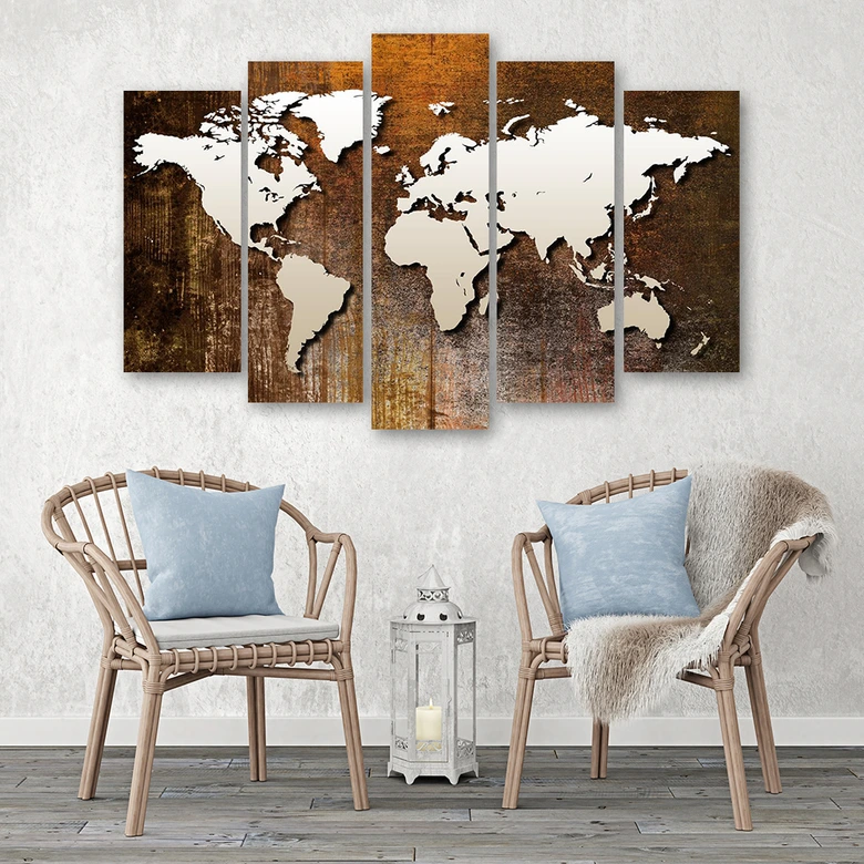 Wandbild 5-teilig, Weltkarte Vintage Shabby Chic 