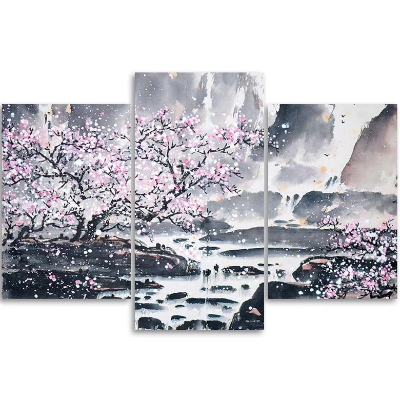 Leinwandbild 3-teilig, Japan Kirschblüte Rosa Natur 