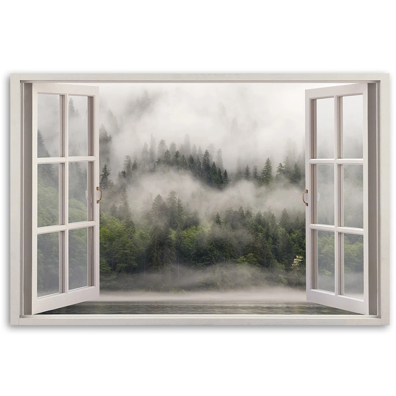 Leinwandbild, Fensterblick Wald im Nebelsee 