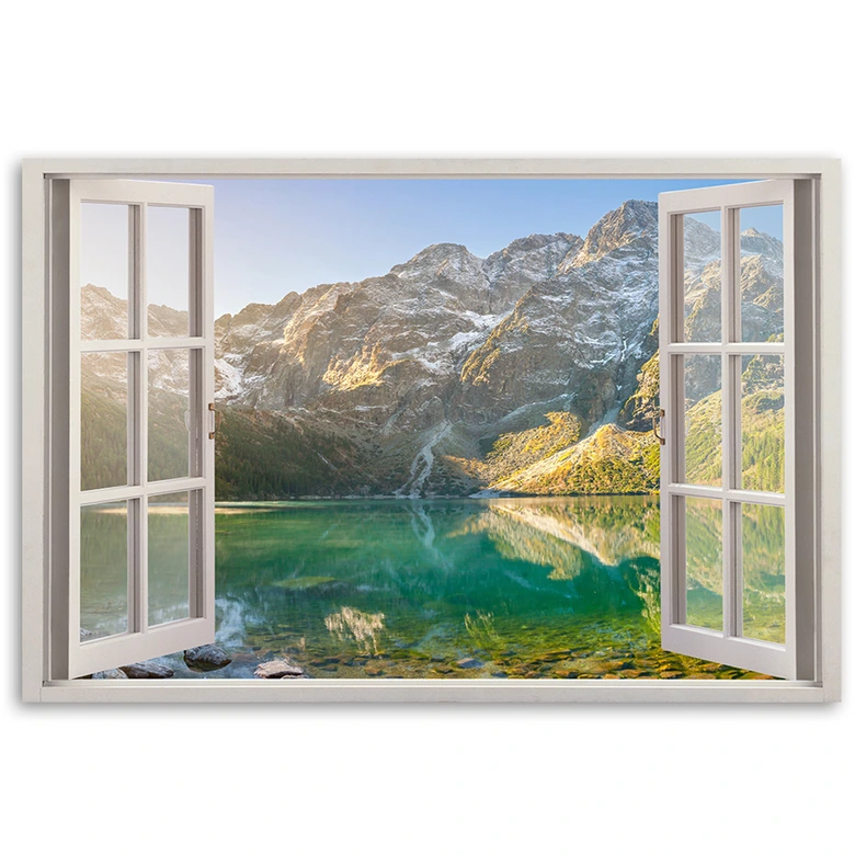 Leinwandbild, Fensterblick Wald im Nebel Berge 