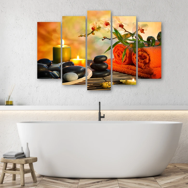 Leinwandbild 5 teilig, Steine Zen Blumen 