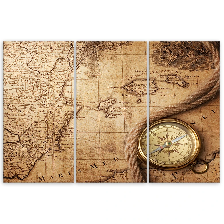 Leinwandbild 3-teilig, Weltkarte Retro Braun 