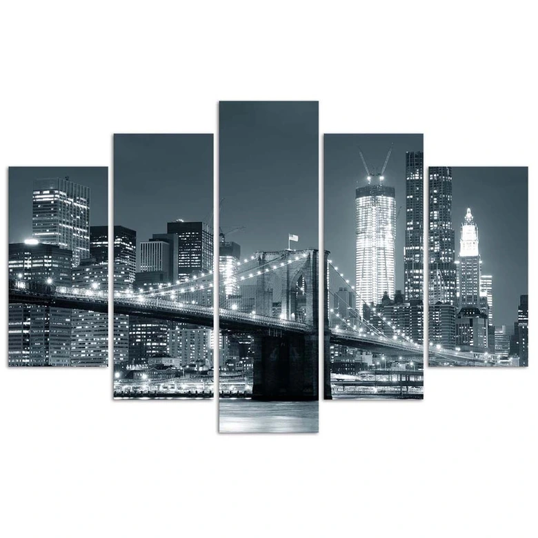 Leinwandbild 5 teilig, New York Bridge Schwarz und Weiß 