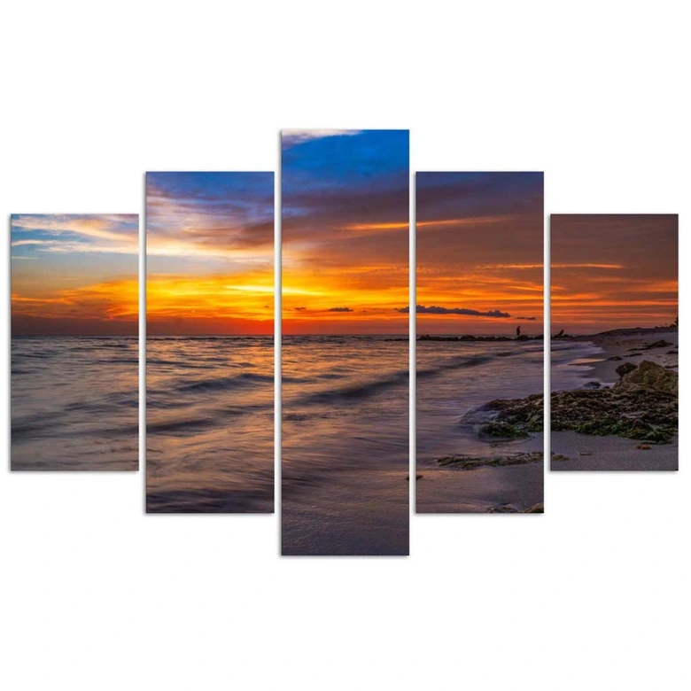 Leinwandbild 5 teilig, Meer bei Sonnenuntergang 