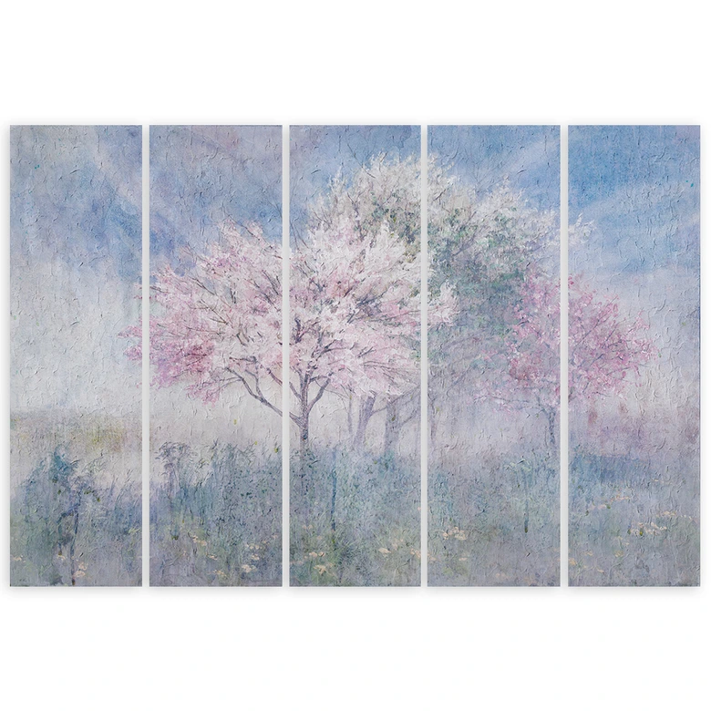 5 stuk canvas print, een bloeiende boom in de oude weide vervaagd 