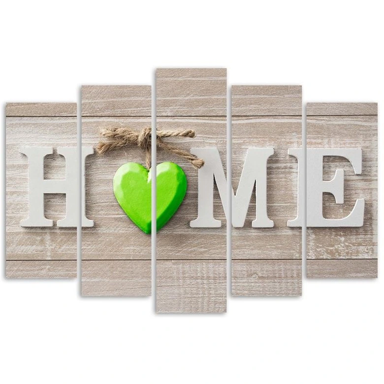 Leinwandbild 5 teilig, Home Herz Shabby Grün 