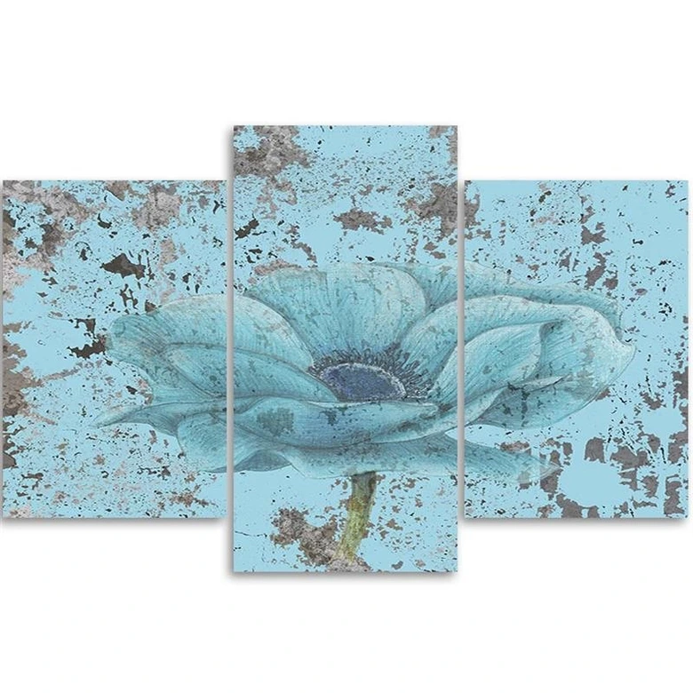 Leinwandbild 3-teilig, Vintage Blume Blau 