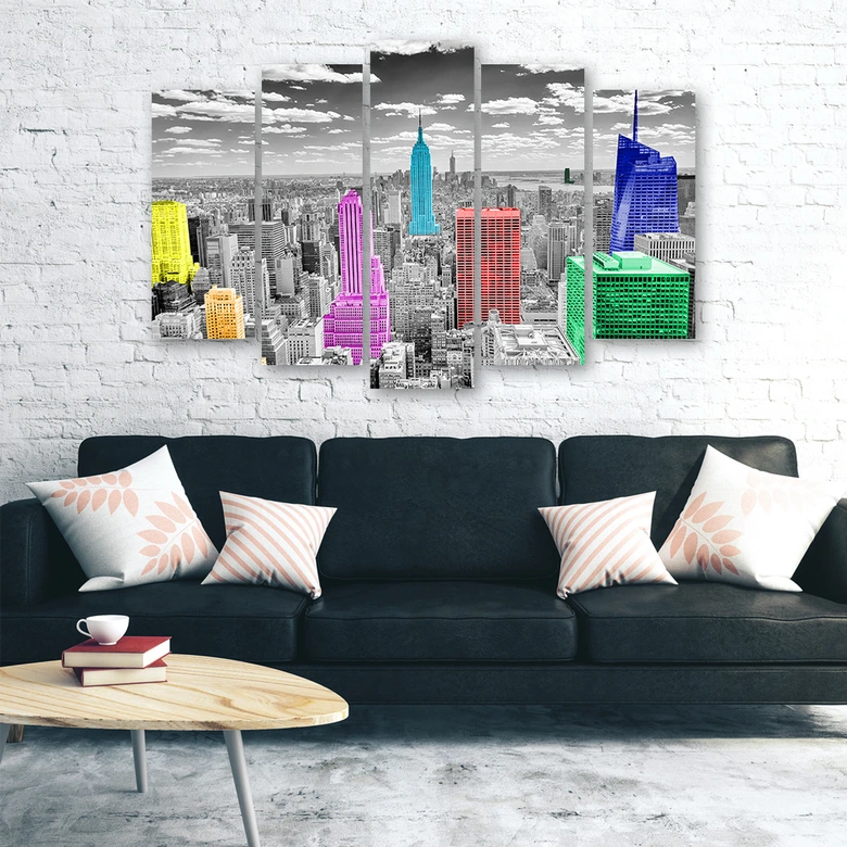 Wandbild 5-teilig, Bunte New York Stadt Panorama 