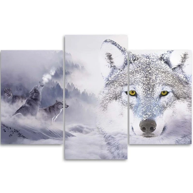 Leinwandbild 3-teilig, Grauer Wolf Nebelwald Berge 