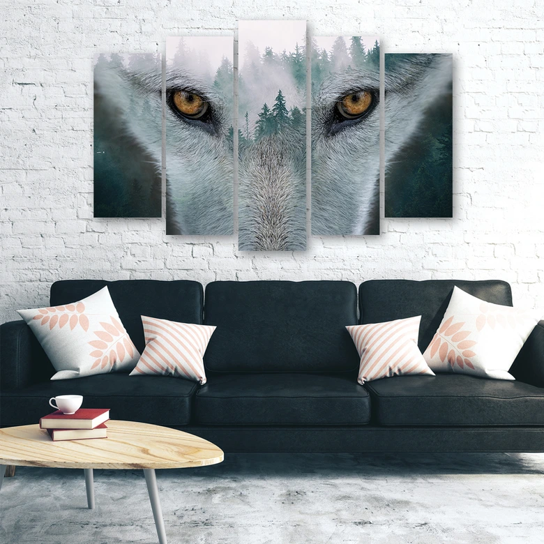 Wandbild 5-teilig, Wolf Wald Nebel Natur Bäume 