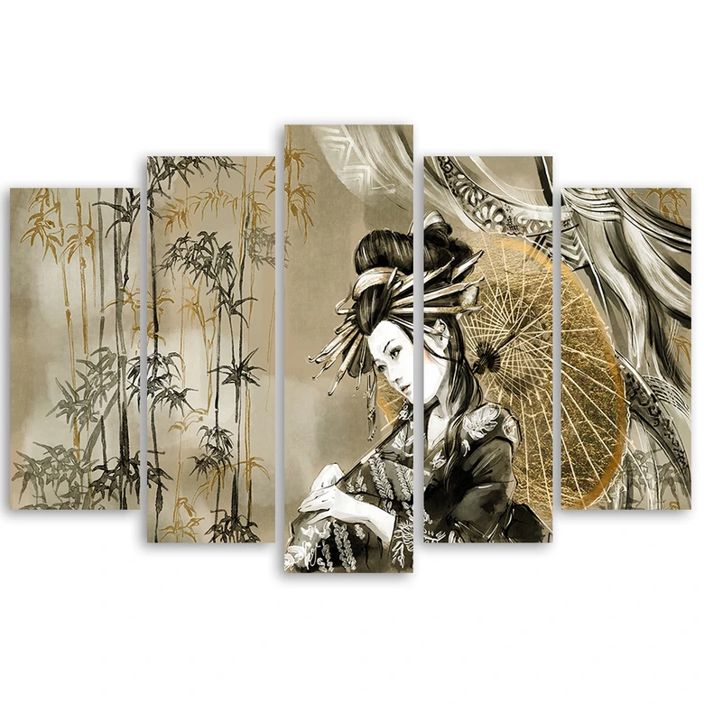 Leinwandbild 5 teilig, Geisha und Bambus 