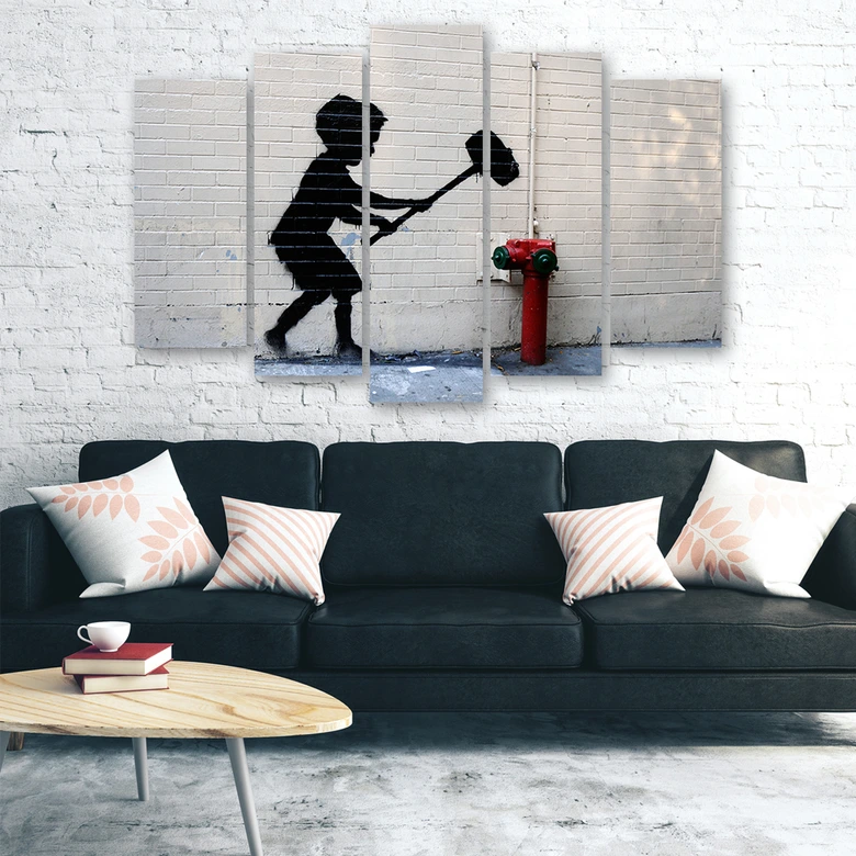 Impression sur toile en 5 parties, Banksy Hammer Boy Street 