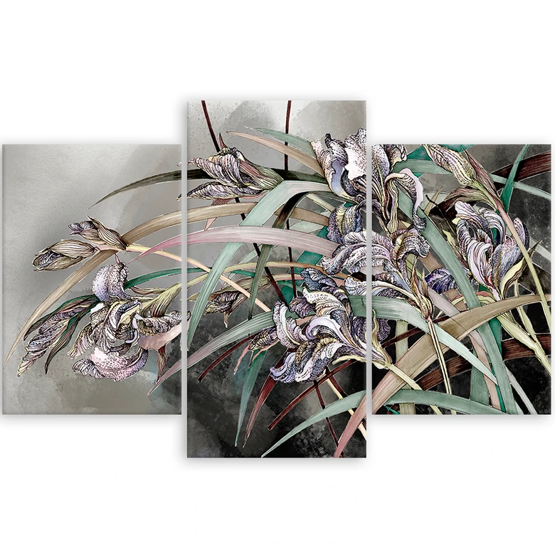 Leinwandbild 3 teilig, Iris Blumen im Wind 