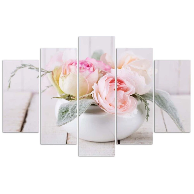 Leinwandbild 5 teilig, Rosen Vase Natur Blumen 