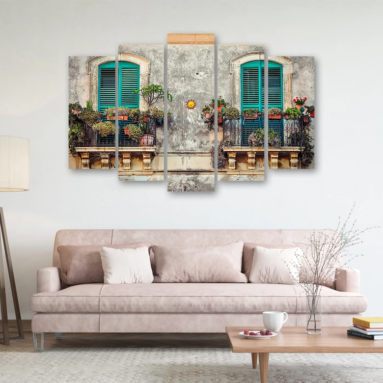 Leinwandbild 5 teilig, Straße Italien Fenster Blumen 