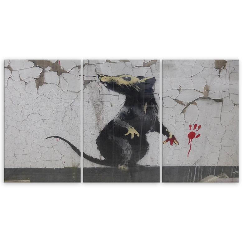 Leinwandbild 3-teilig, Banksy Straßenkunst Ratte 