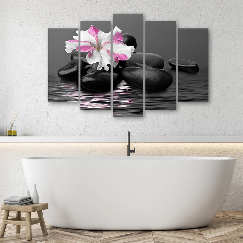 Leinwandbild 5 teilig, Steine Rosa Blume Zen 