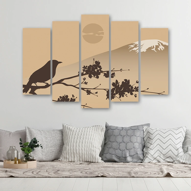 Leinwandbild 5 teilig, Japan Fuji Vogel Beige 