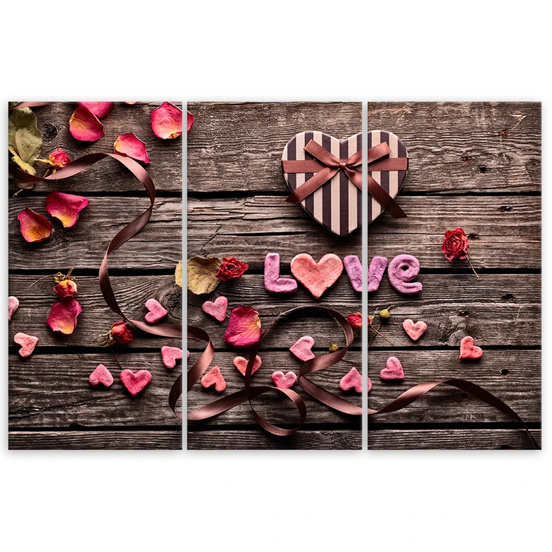 Tableau sur Toile en 3 parties Coeur Amour Fleurs Vintage 