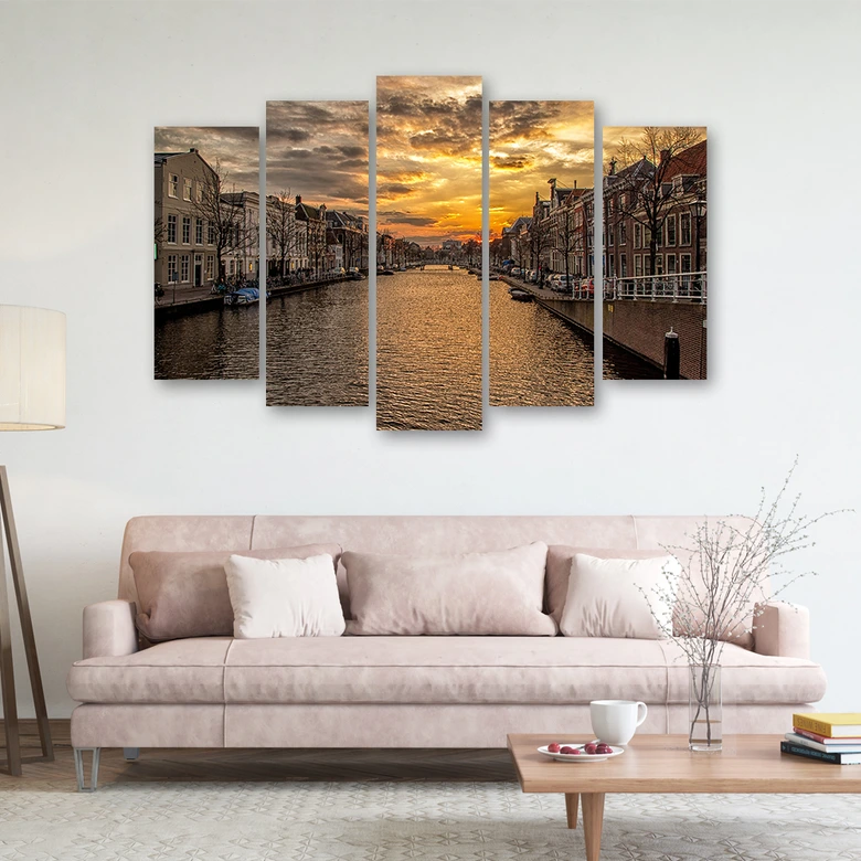 Canvas print 5 stuks, Amsterdamse grachtenpanden stad 