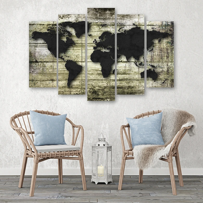 Wandbild 5-teilig, Weltkarte Retro Holz 