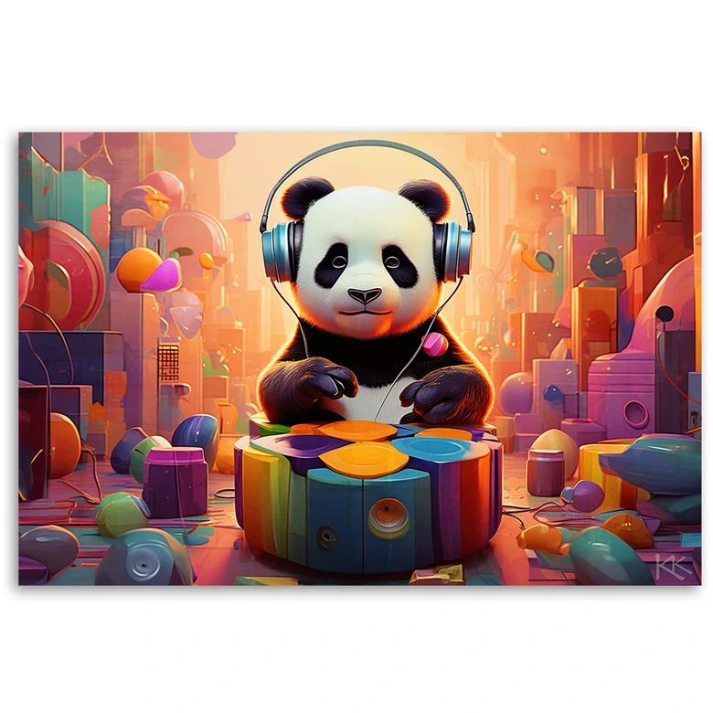 Leinwandbild, Panda mit Kopfhörern 