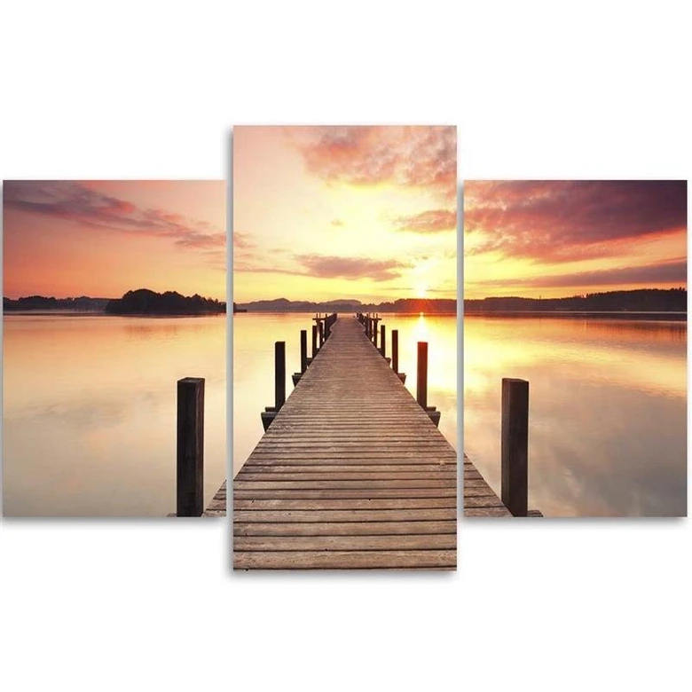 Leinwandbild 3-teilig, Steg See Sonnenuntergang 