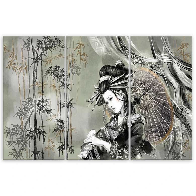 Leinwandbild 3 teilig, Geisha und Bambus 