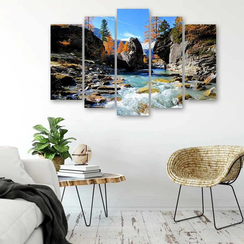 Leinwandbild 5 teilig, Berge Wasserfall Felsen 