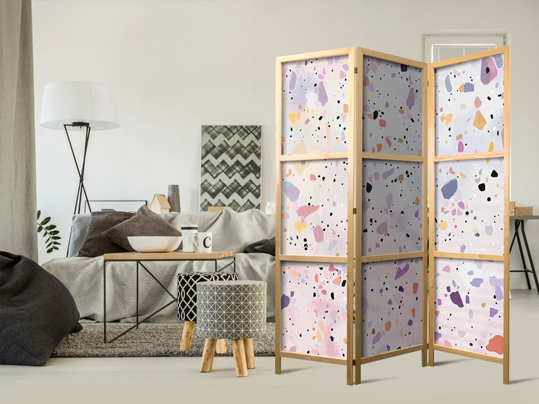 Japanischer Paravent, Raumteiler freistehend, Trennwand - Confetti-Style Terrazzo: Purple-Pink Pattern 