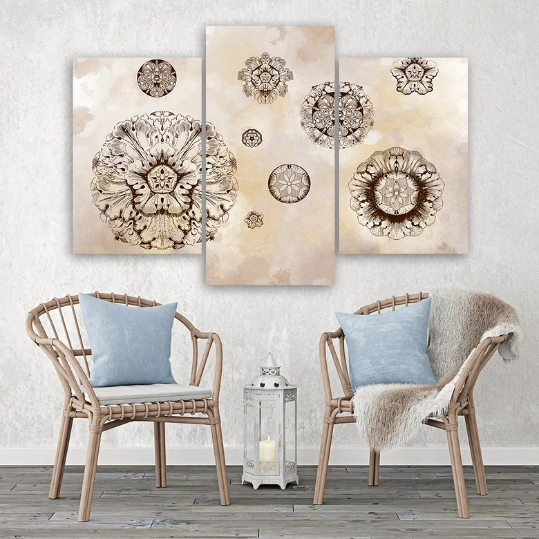 3-delige canvas print, bloemen geometrische vormen 