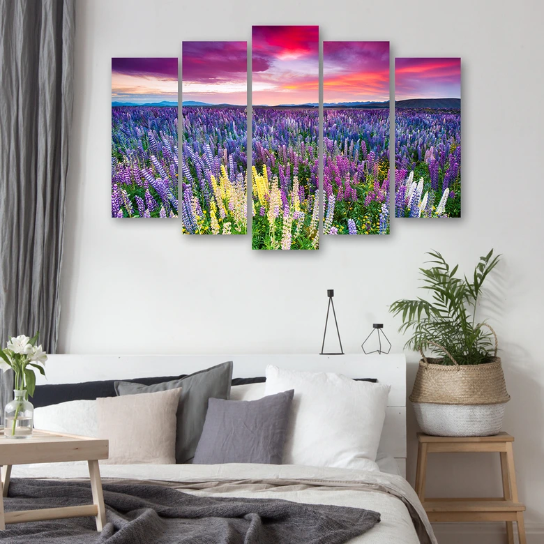 Leinwandbild 5 teilig, Blumen Wiese Lila 