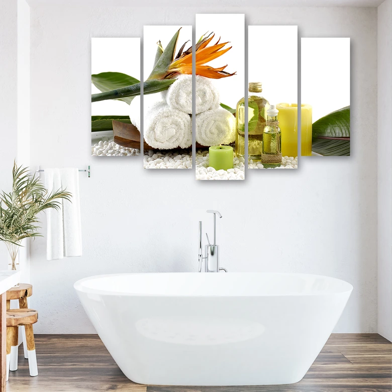 Leinwandbild 5 teilig, Handtuch Blumen Öl 