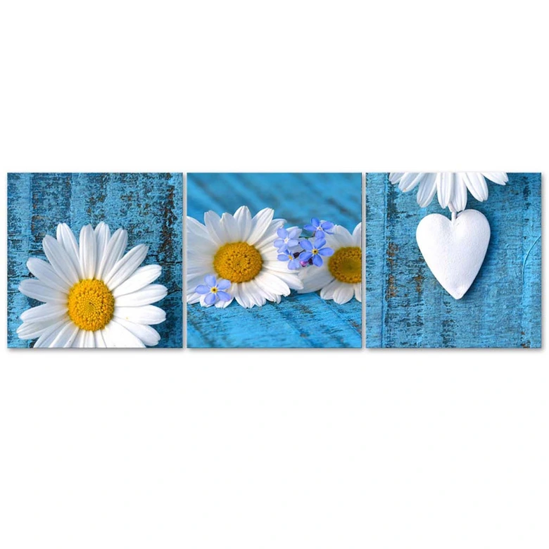 Leinwandbild 3-teilig, Gänseblümchen und Herz blau 