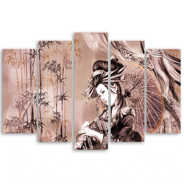 Leinwandbild 5 teilig, Geisha und Bambus 