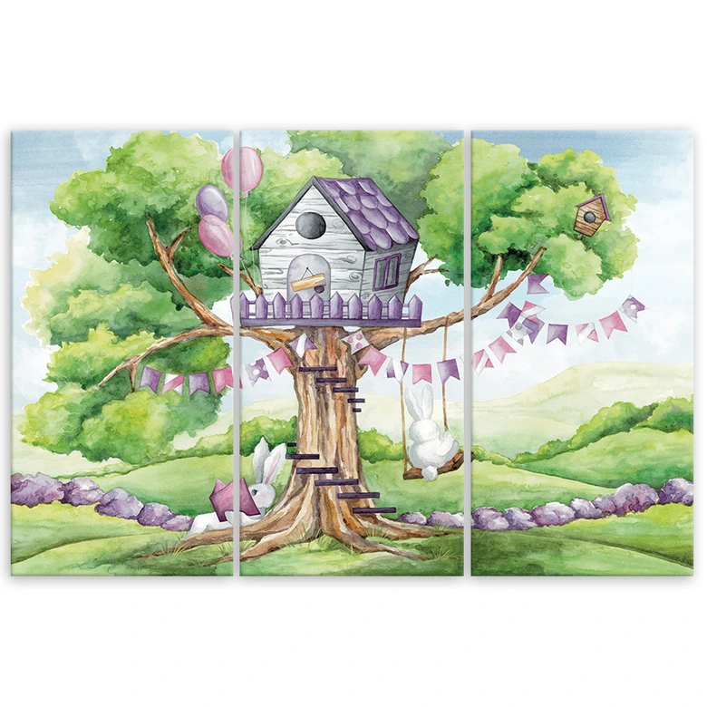 Leinwandbild 3 teilig, Weiße Kaninchen Hütte auf dem Baum 