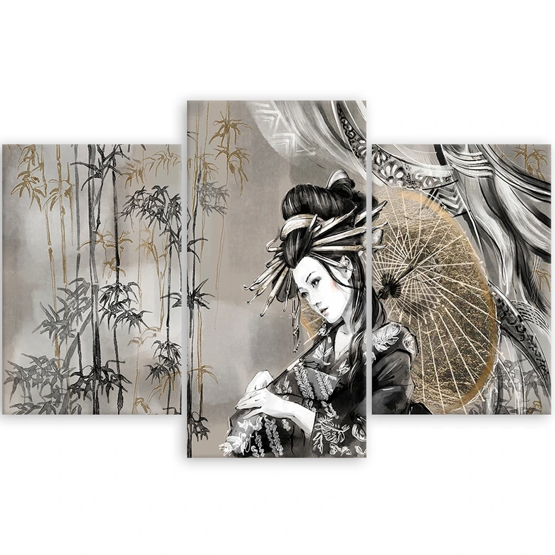 Leinwandbild 3 teilig, Geisha und Bambus 