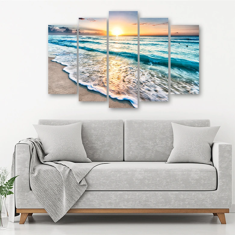 Leinwandbild 5 teilig, Meer Strand Wasser Sonnenuntergang 