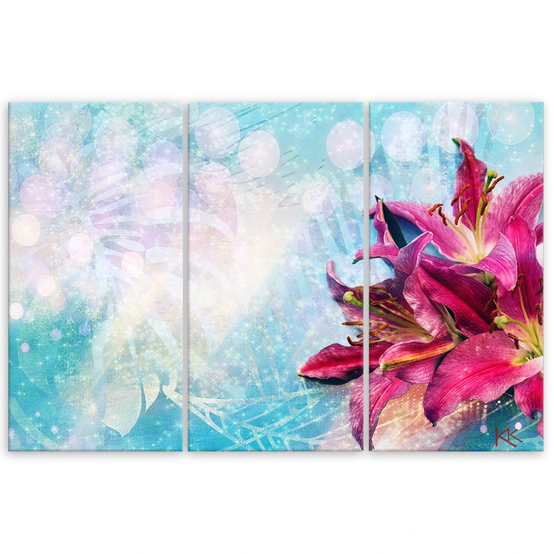 Leinwandbild 3 teilig, Rosa Blumen auf blauem Hintergrund 