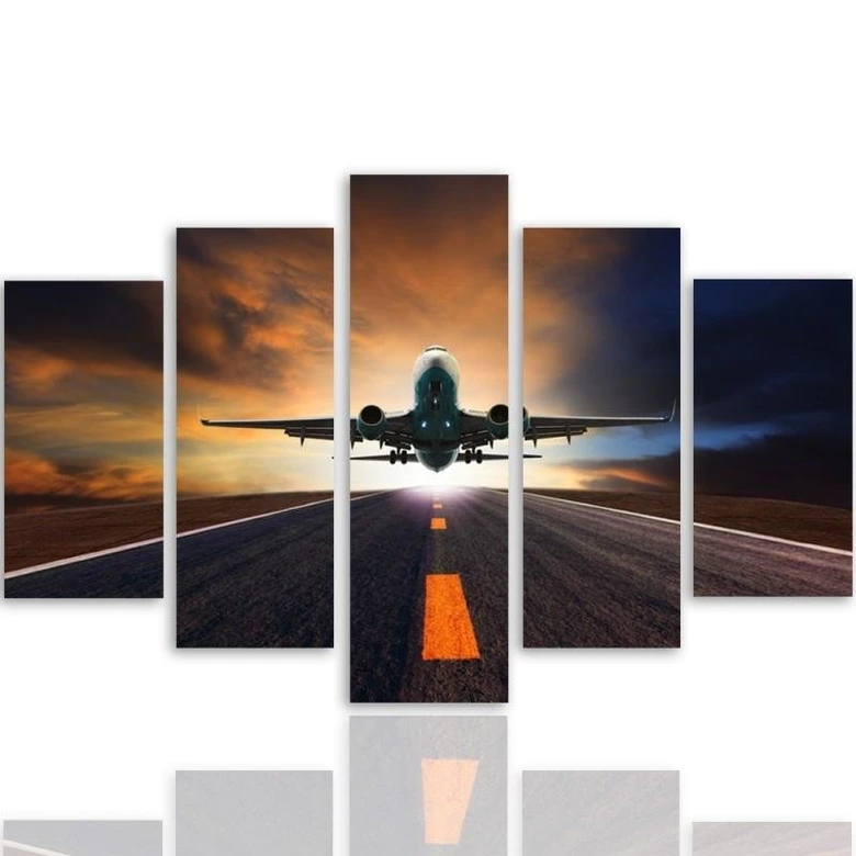 Leinwandbild 5 teilig, Sonnenuntergang Flugzeug 