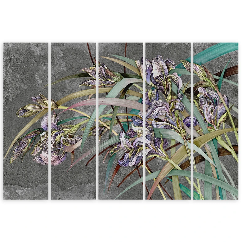 Leinwandbild 5 teilig, Iris Blumen im Wind 