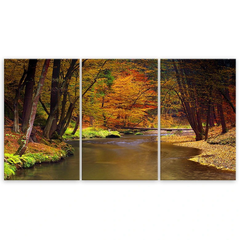 Leinwandbild 3-teilig, Herbstwald Fluss 